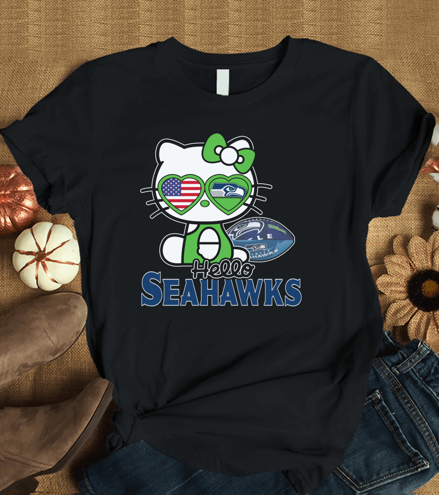 Hello Kitty Seahawks Football Fan USA Heart Glasses T-Shirt