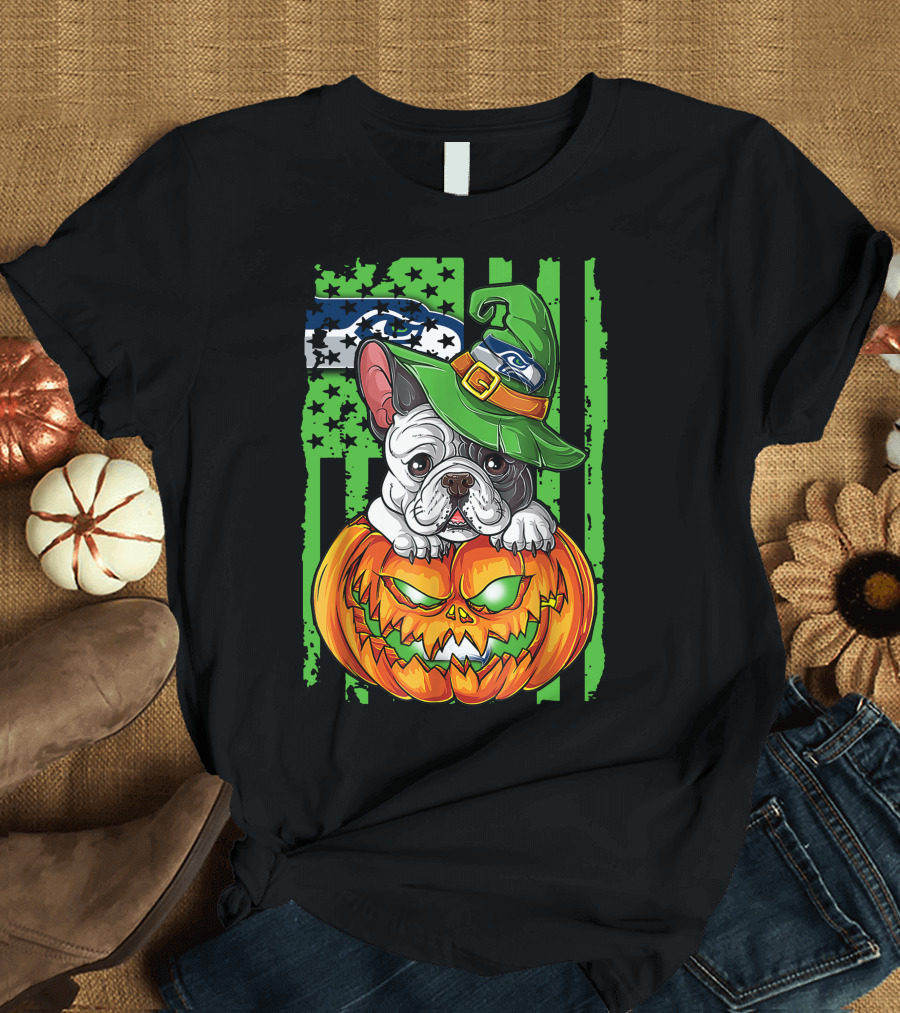Hlw Bulldog Seattle Seahawks Halloween Pumpkin Wizard Hat T-Shirt