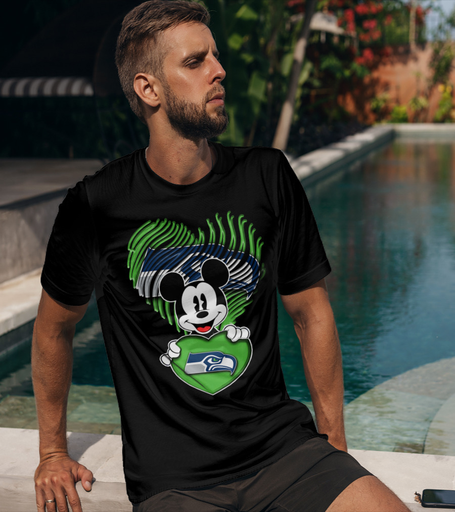 Mickey Mouse Heart Green With Seattle Seahawks T-Shirt