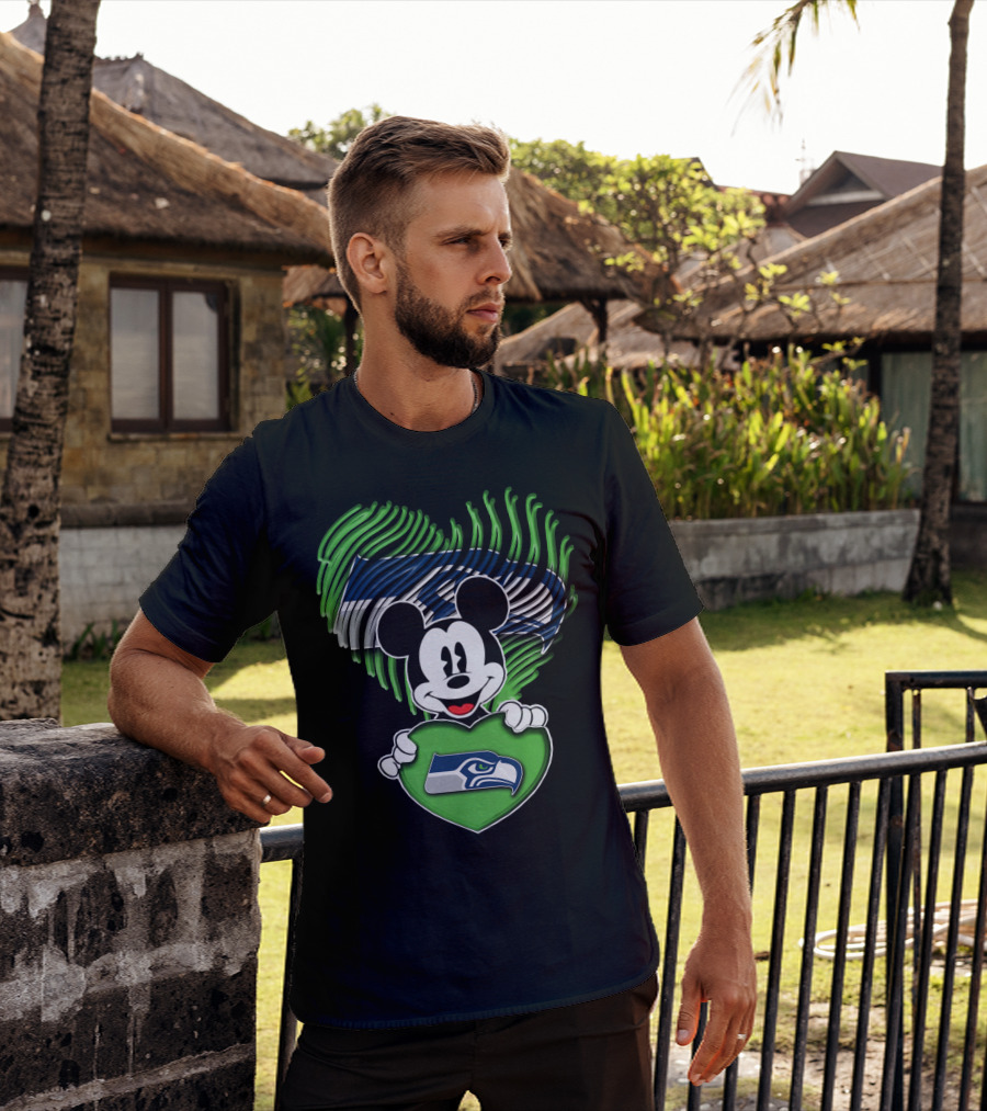 Mickey Mouse Heart Green With Seattle Seahawks T-Shirt