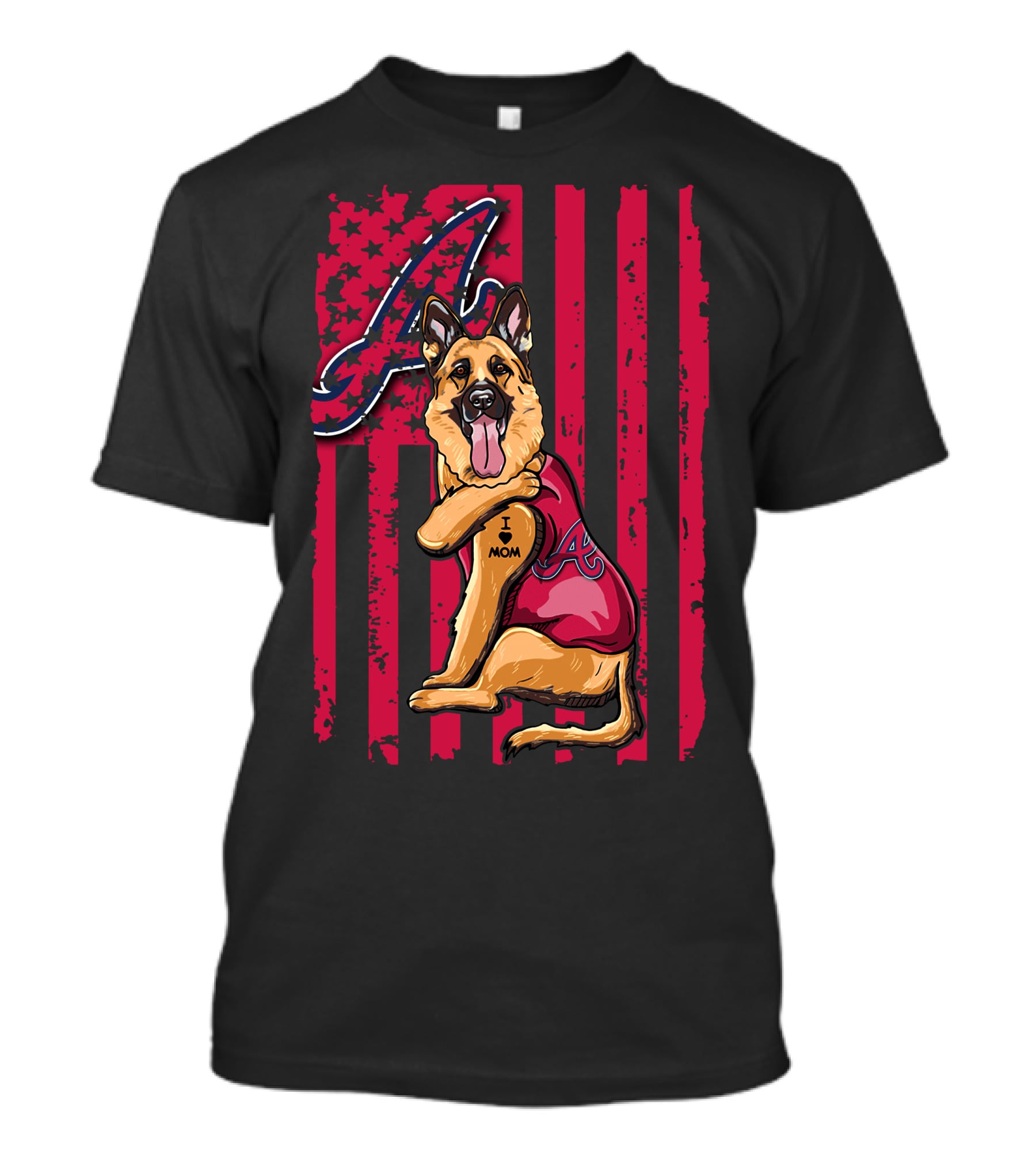 German Shepherd Wearing Atlanta Braves Jersey With A Logo And Flag Background T-Shirt