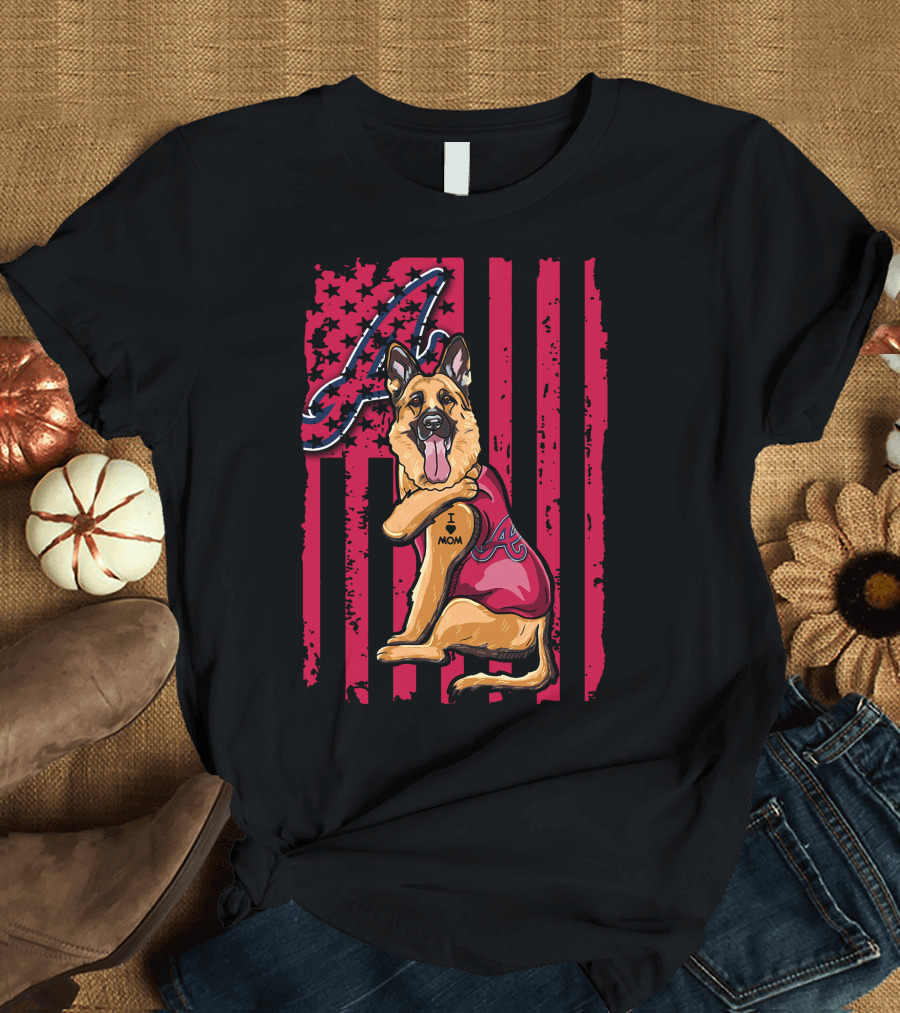 German Shepherd Wearing Atlanta Braves Jersey With A Logo And Flag Background T-Shirt
