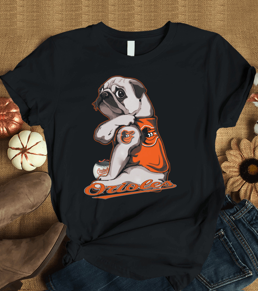 Pug Wearing Baltimore Orioles Jersey with Orioles Baseball T-Shirt
