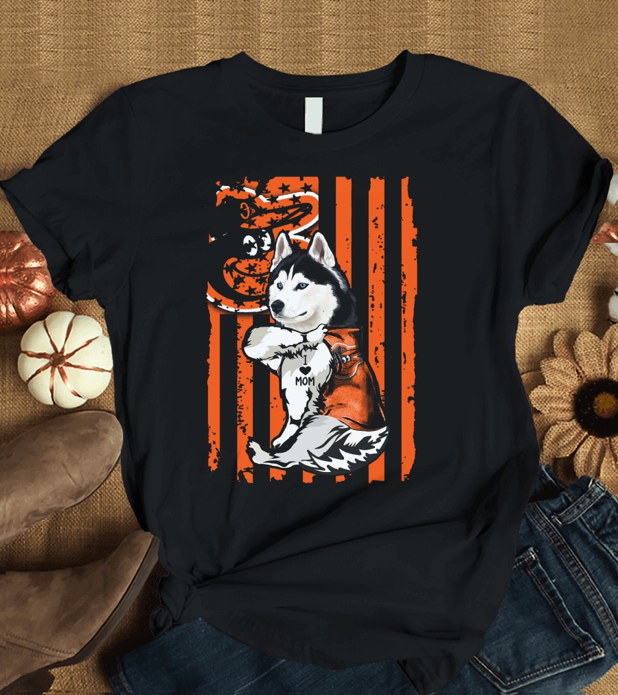 Siberian Husky Baltimore Orioles Dog Mom USA Flag T-Shirt