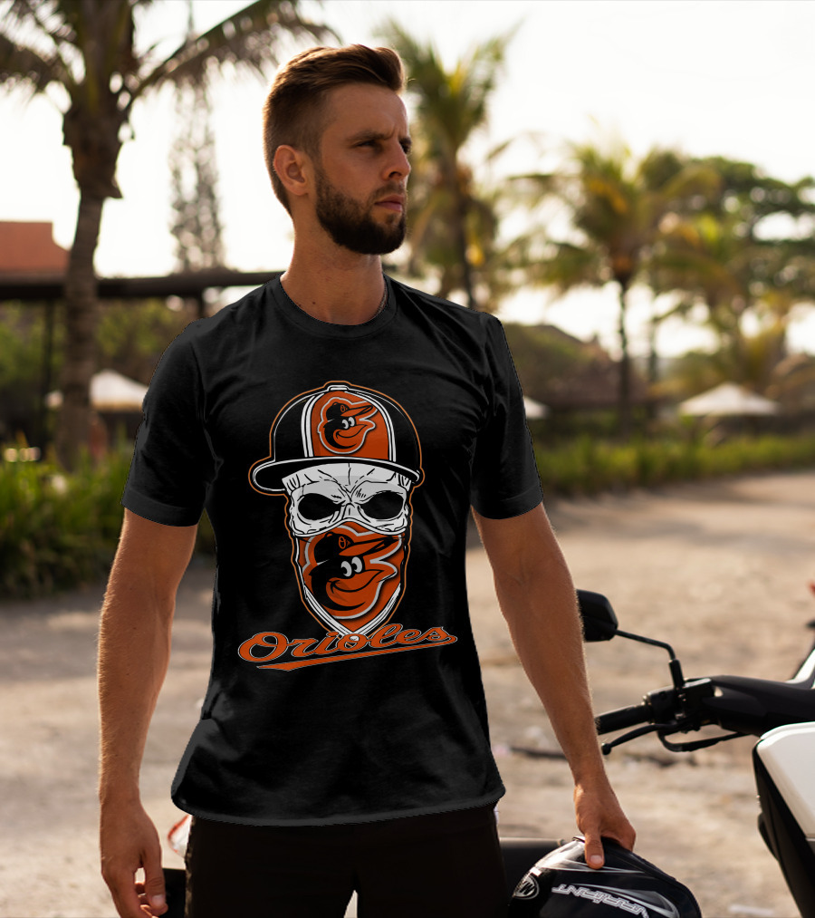 Skull Face Mask Baltimore Orioles Logo Hat T-Shirt