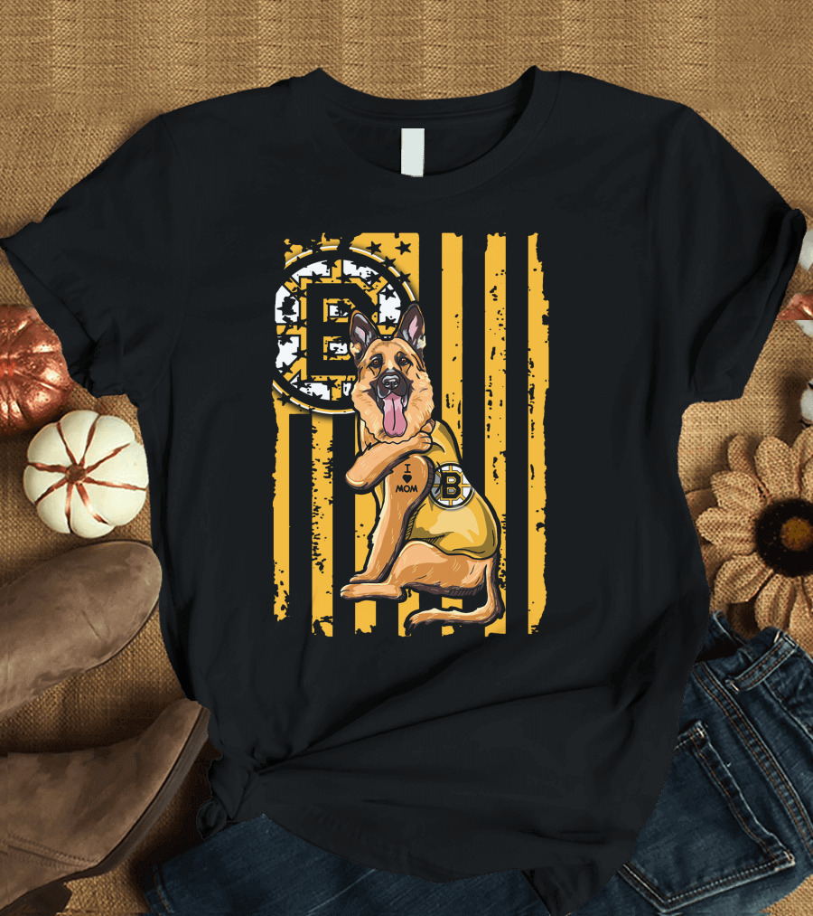 German Shepherd I Love Mom Boston Bruins Hockey Fan T-Shirt