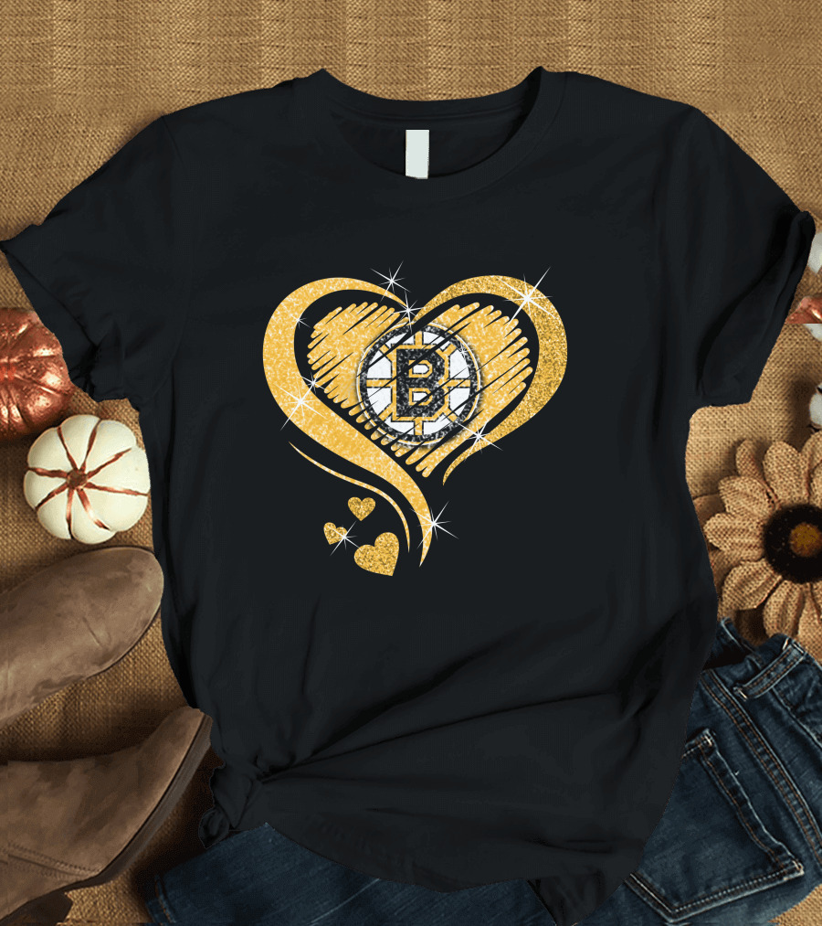 Boston Bruins Heart Glitter Logo Diamond T-Shirt