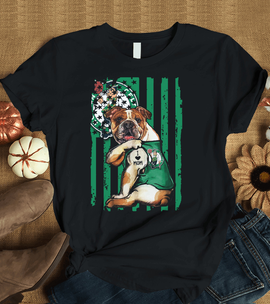 Bulldog Boston Celtics I Love Mom Green Stripes Basketball T-Shirt