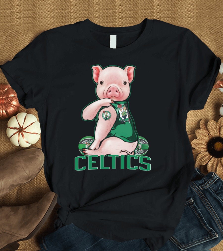 Pig Wearing Boston Celtics Logo Jersey with Celtics Text T-Shirt