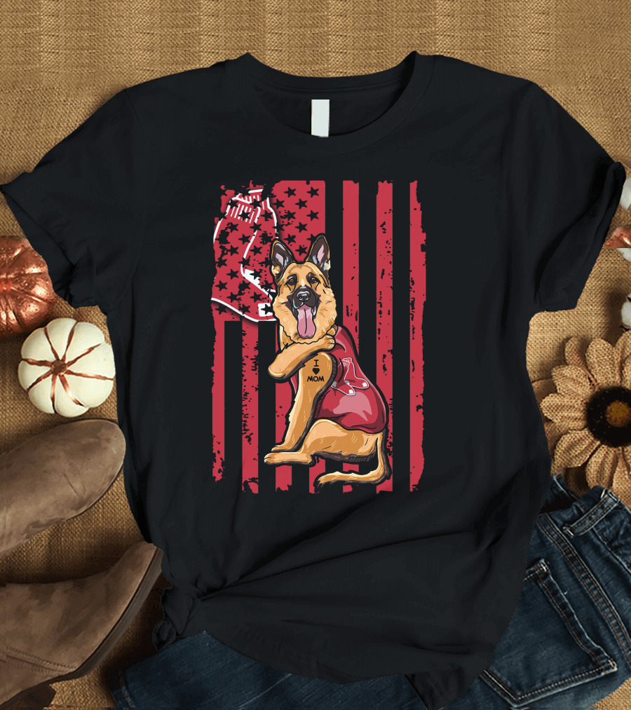 German Shepherd Boston Red Sox I Love Mom Baseball Bat and Glove T-Shirt