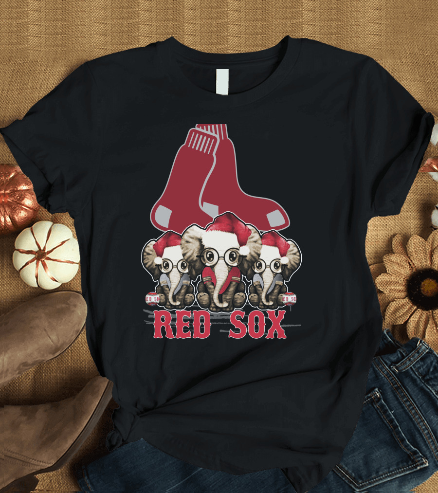 Elephan Xmas Red Sox Santa Hat Trio T-Shirt