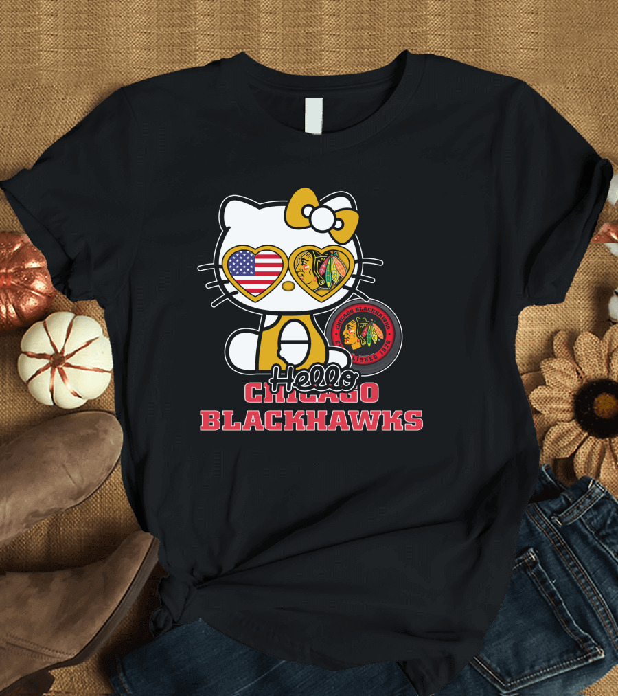 Hello Kitty Chicago Blackhawks American Flag Hockey Fan T-Shirt
