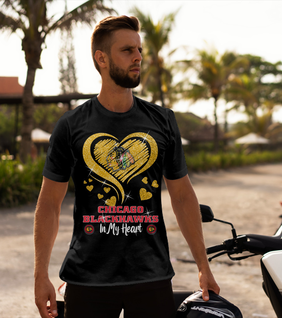 Chicago Blackhawks In My Heart Golden Glitter Logo Hearts T-Shirt