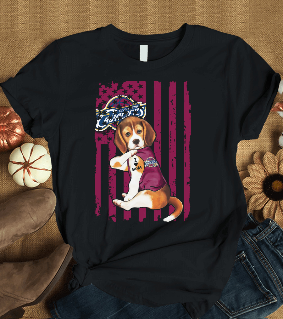 Beagle I Love Mom Cleveland Cavaliers Vintage Flag T-Shirt