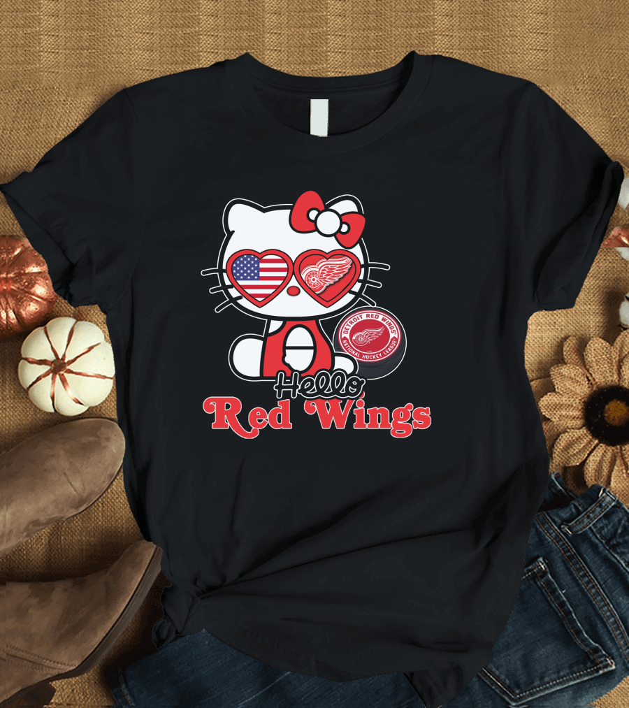 Hello Kitty Detroit Red Wings NHL American Flag T-Shirt