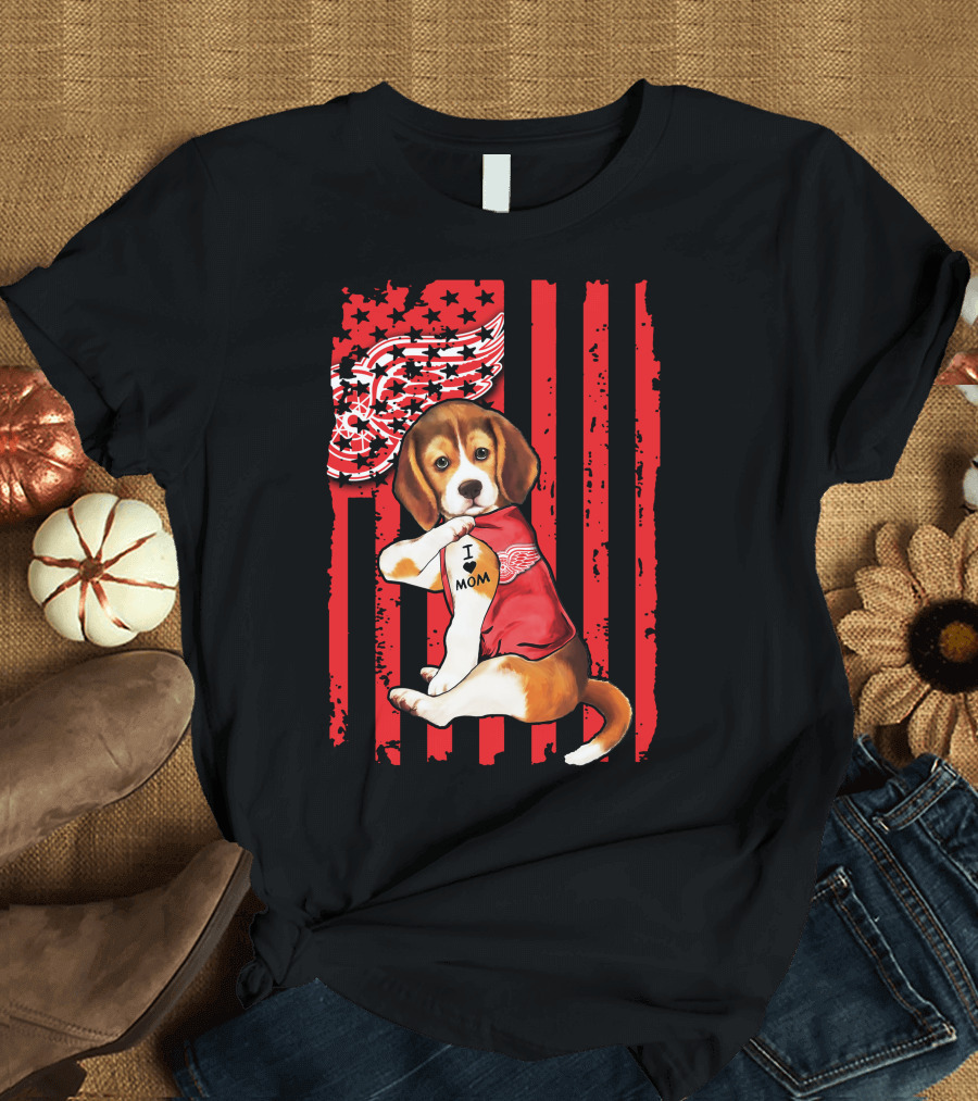 Beagle I Love Mom Detroit Red Wings Red Stripes T-Shirt