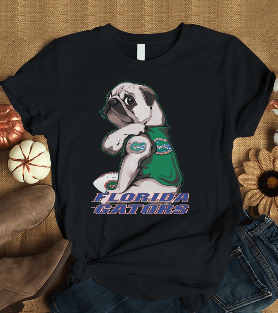 Pug Wearing Florida Gators Shirt with Football T-Shirt