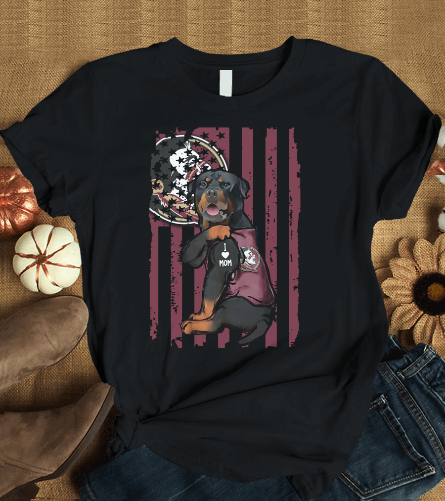 Rottweiler I Heart Mom Florida State Seminoles Dog with Logo and Flag Background T-Shirt