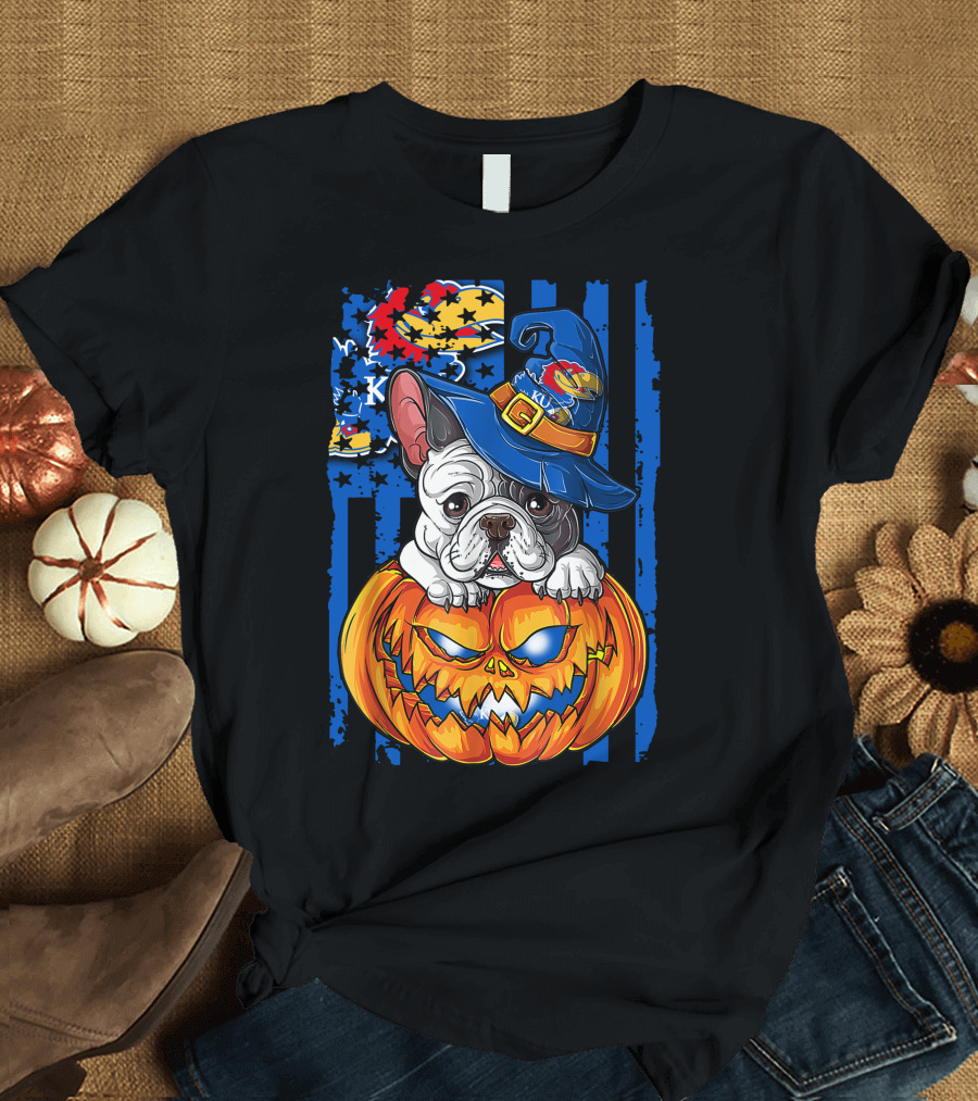 Kansas Jayhawks Bulldog Halloween Pumpkin Wizard Hat T-Shirt