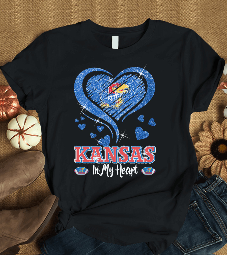 Kansas Jayhawks Heart KU Love Glitters Kansas In My Heart T-Shirt
