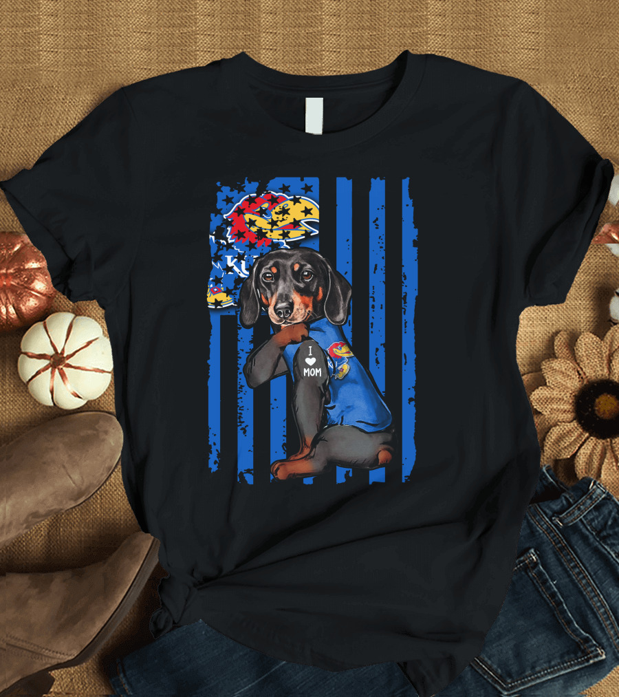 Dachshund I Love Mom Kansas Jayhawks Blue Stripes T-Shirt