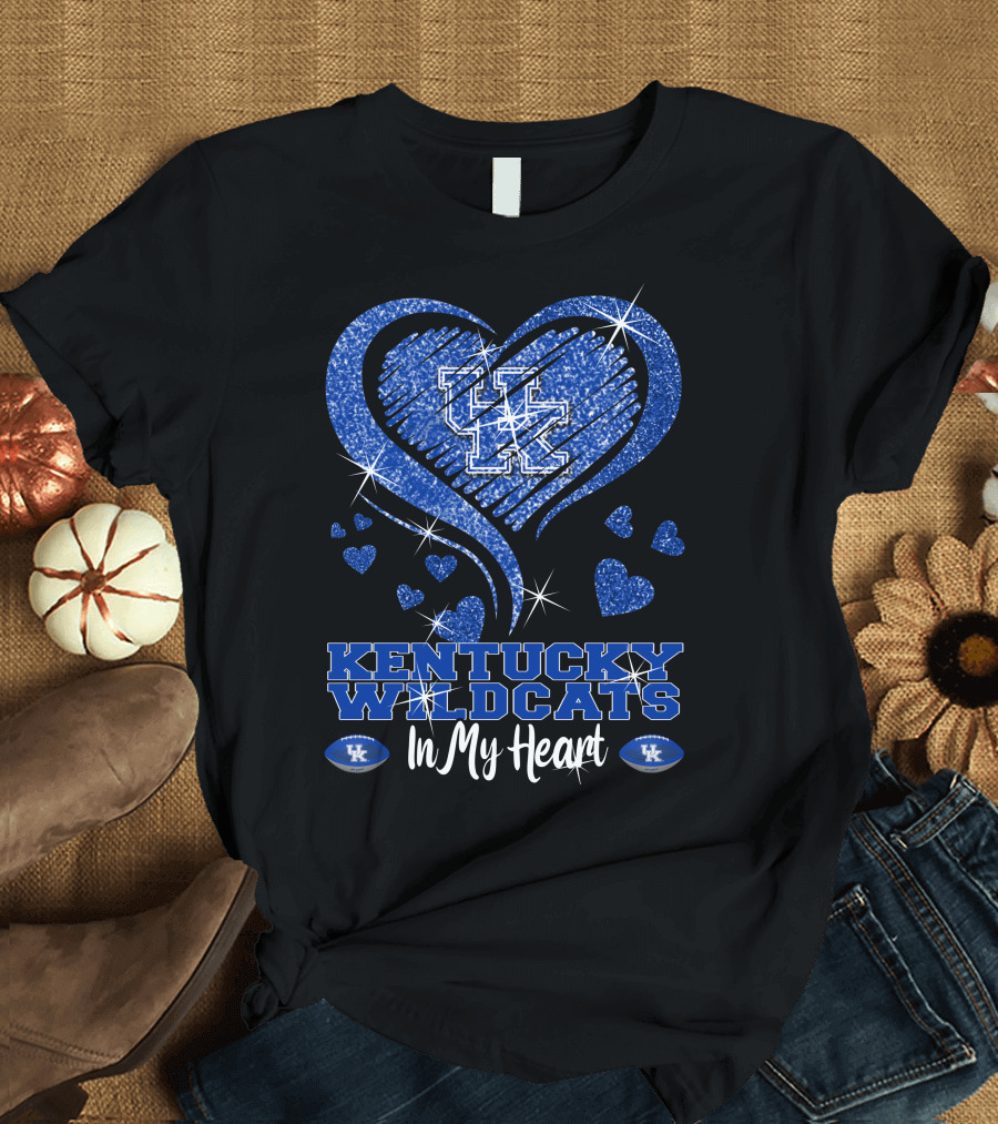 Kentucky Wildcats UK Logo In My Heart with Glittering Blue Hearts T-Shirt