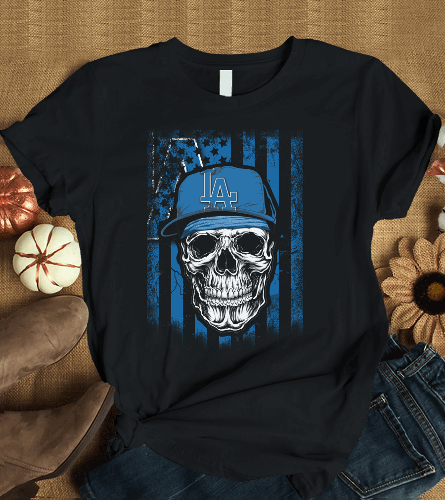 Skull Los Angeles Dodgers Baseball Cap Blue Stripes Stars T-Shirt