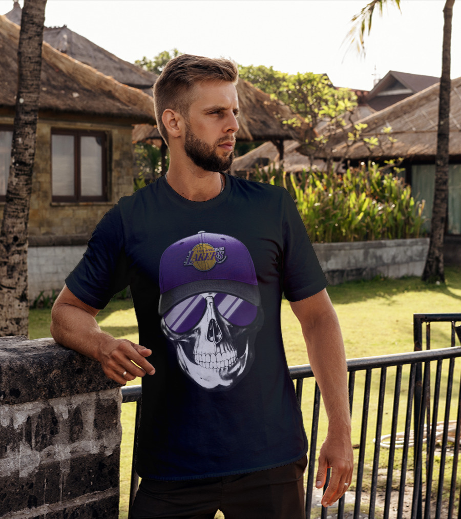 Los Angeles Lakers Skull With Purple Hat And Sunglasses T-Shirt