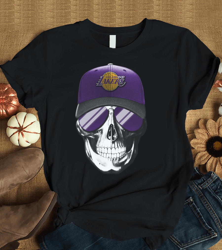 Los Angeles Lakers Skull With Purple Hat And Sunglasses T-Shirt