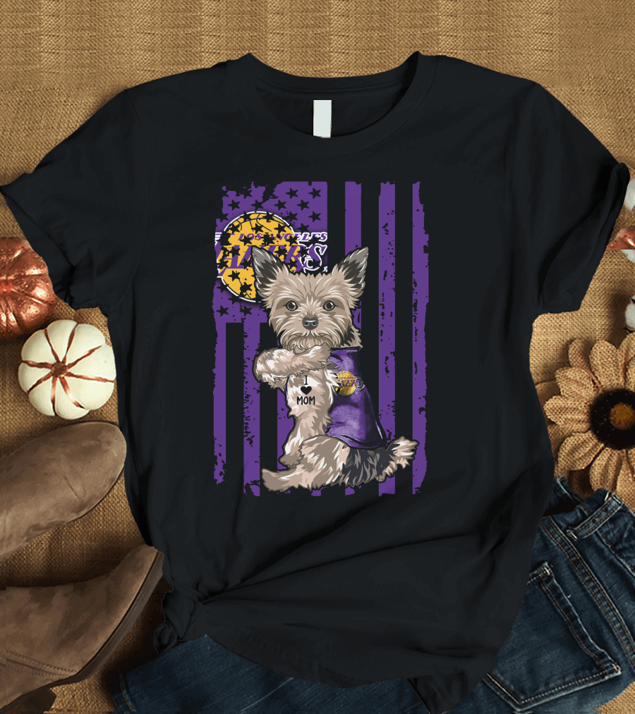 Yorkshire Terrier Los Angeles Lakers I Love Mom T-Shirt