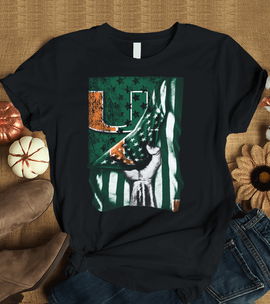 Miami Hurricanes U Flag Stars and Stripes Fist T-Shirt