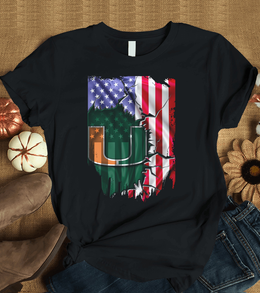 Flag Miami Hurricanes University U Patriotic USA Flag T-Shirt