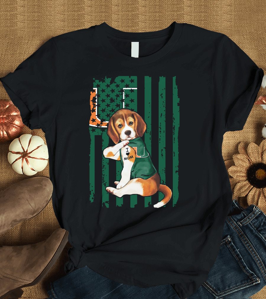 Beagle Miami Hurricanes I Love Mom Football Fan Mascot T-Shirt