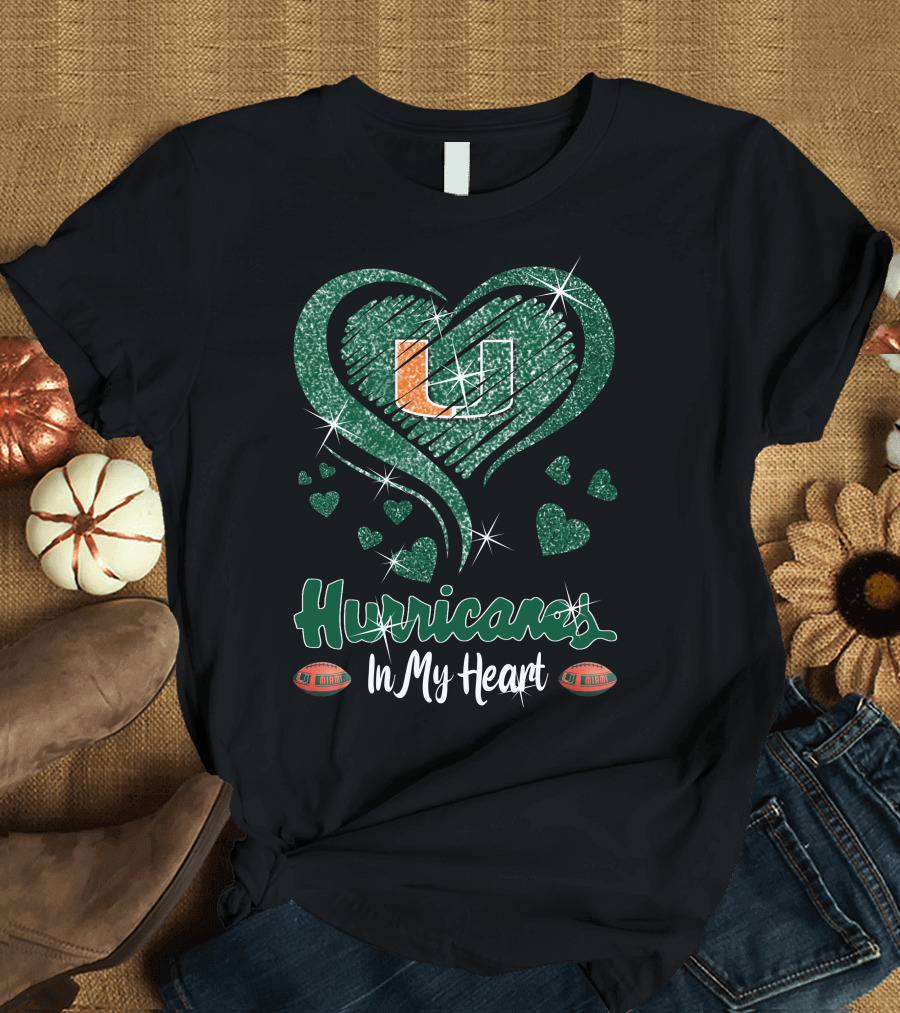 Hurricanes In My Heart Miami U Logo Football Sparkle Hearts T-Shirt