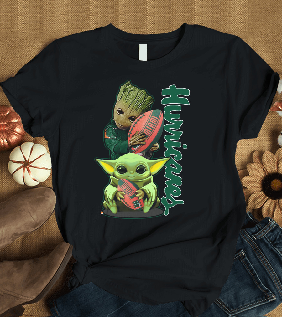 Grzd Miami Hurricanes Baby Yoda Groot Football T-Shirt