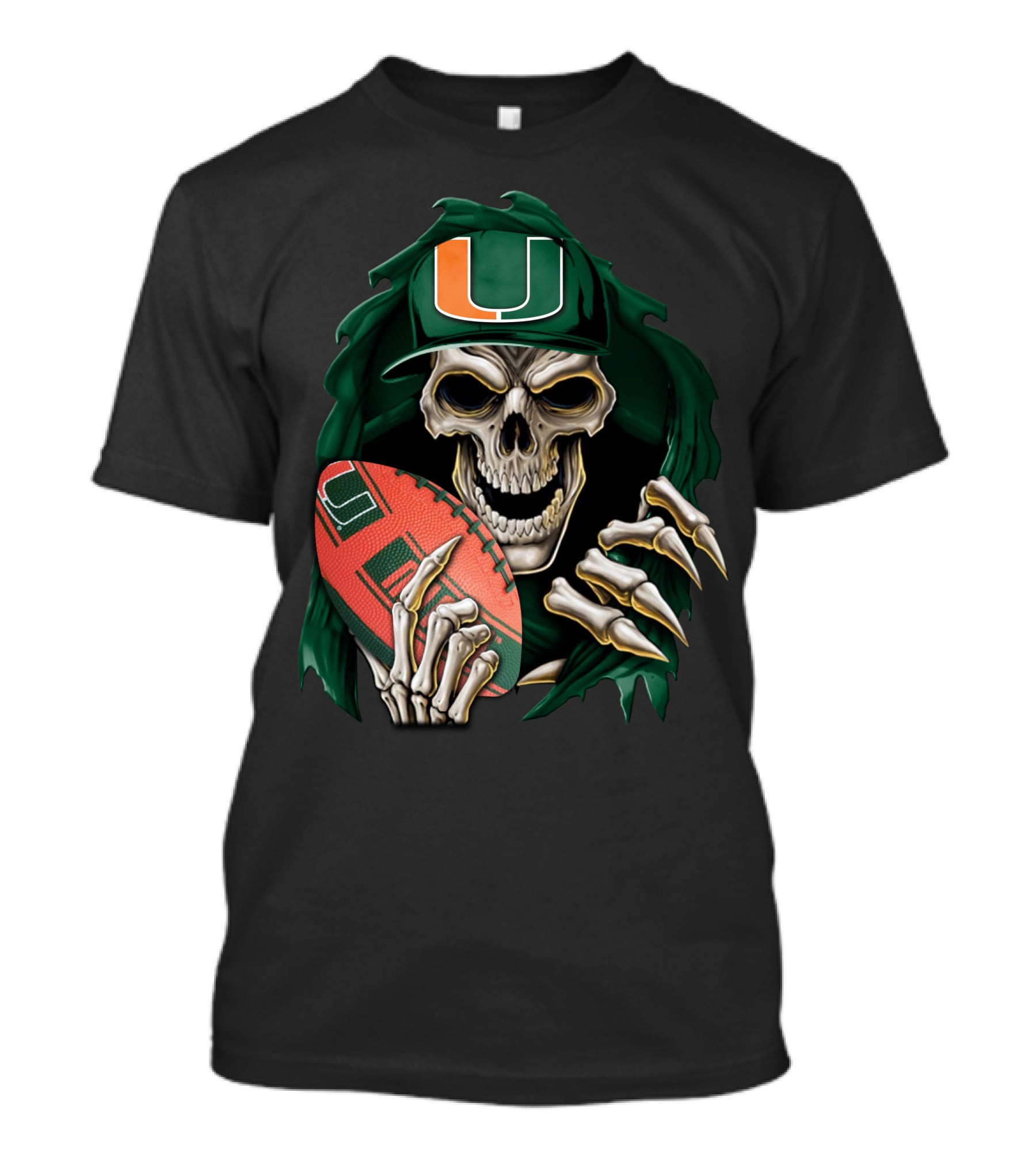 Skullbong Miami Hurricanes Skeleton Holding Football T-Shirt
