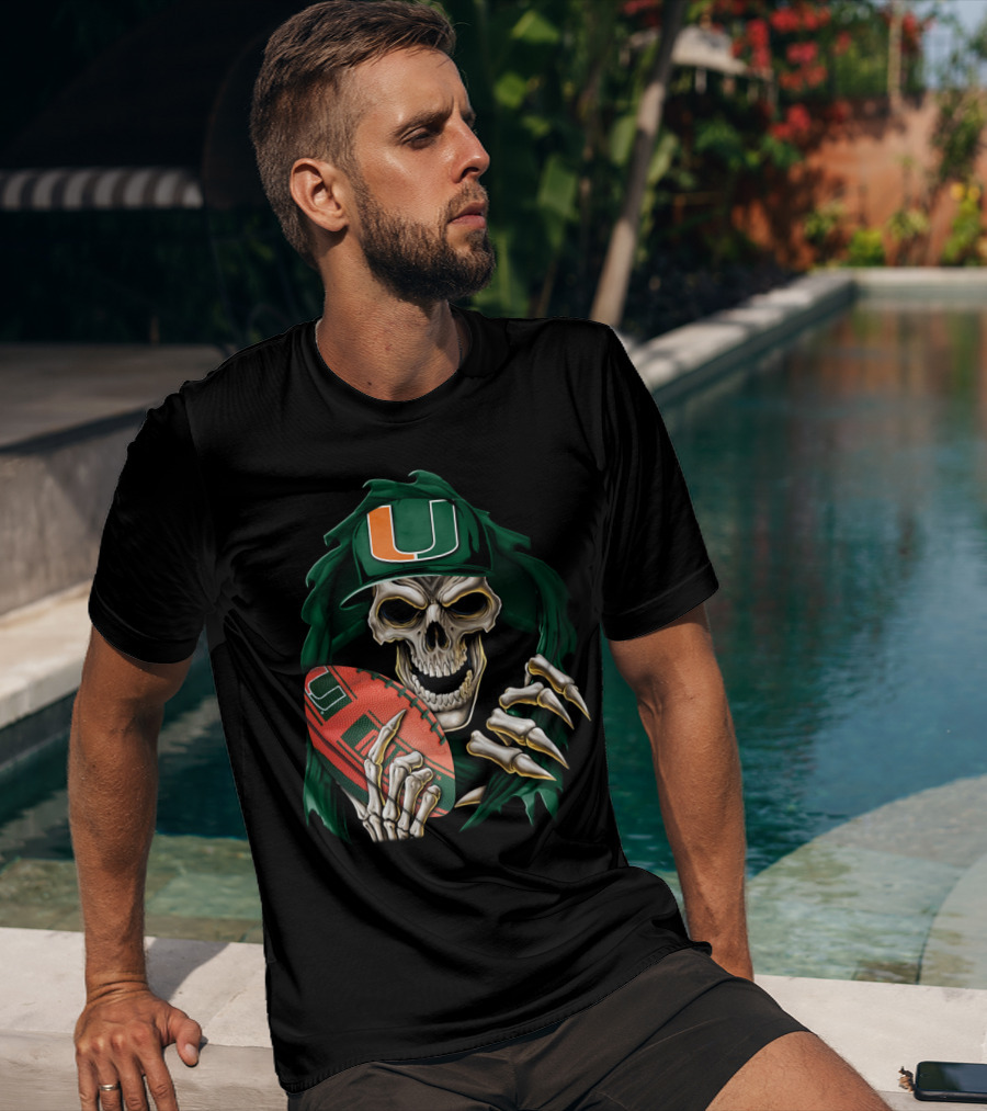 Skullbong Miami Hurricanes Skeleton Holding Football T-Shirt