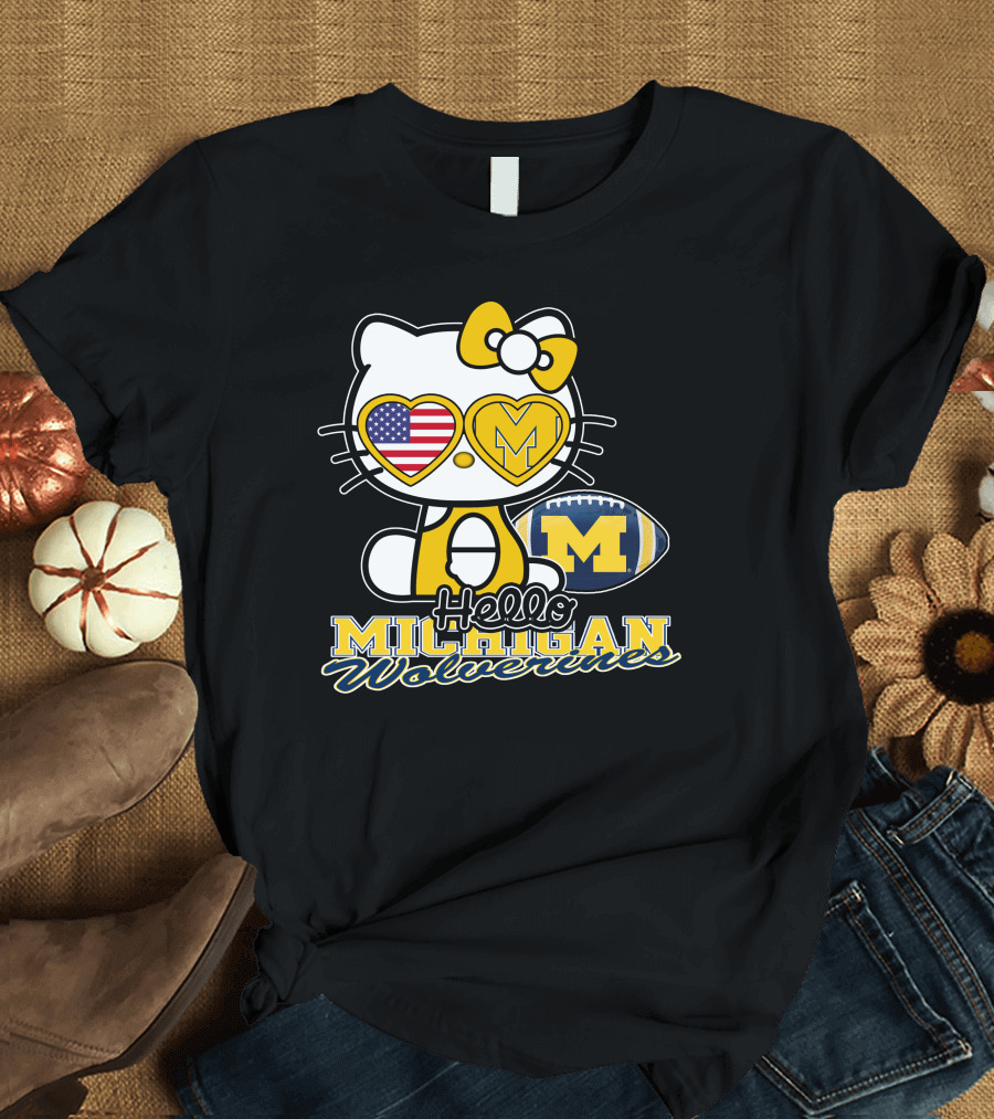 Hello Kitty Michigan Wolverines American Flag Football T-Shirt