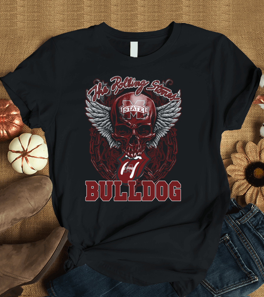 The Rolling Stones Mississippi State Bulldog Skull Logo With Wings And Chain T-Shirt