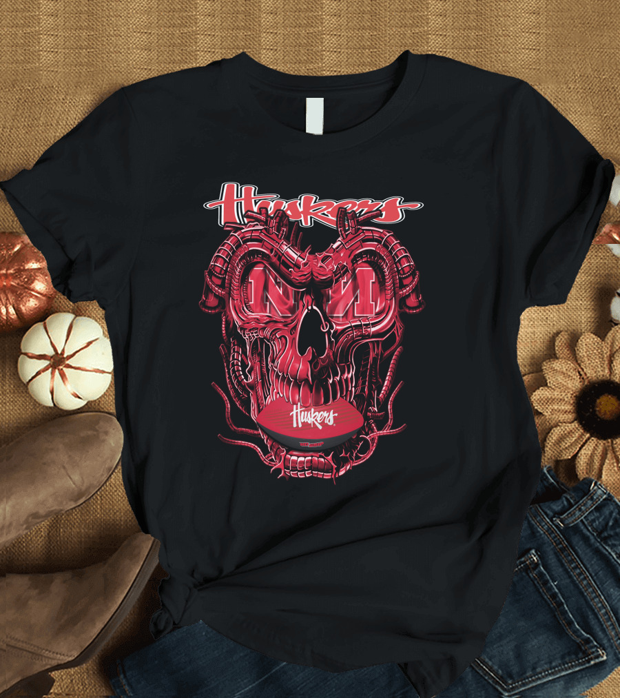 Huskers Dragon Skull Nebraska Football Fan T-Shirt
