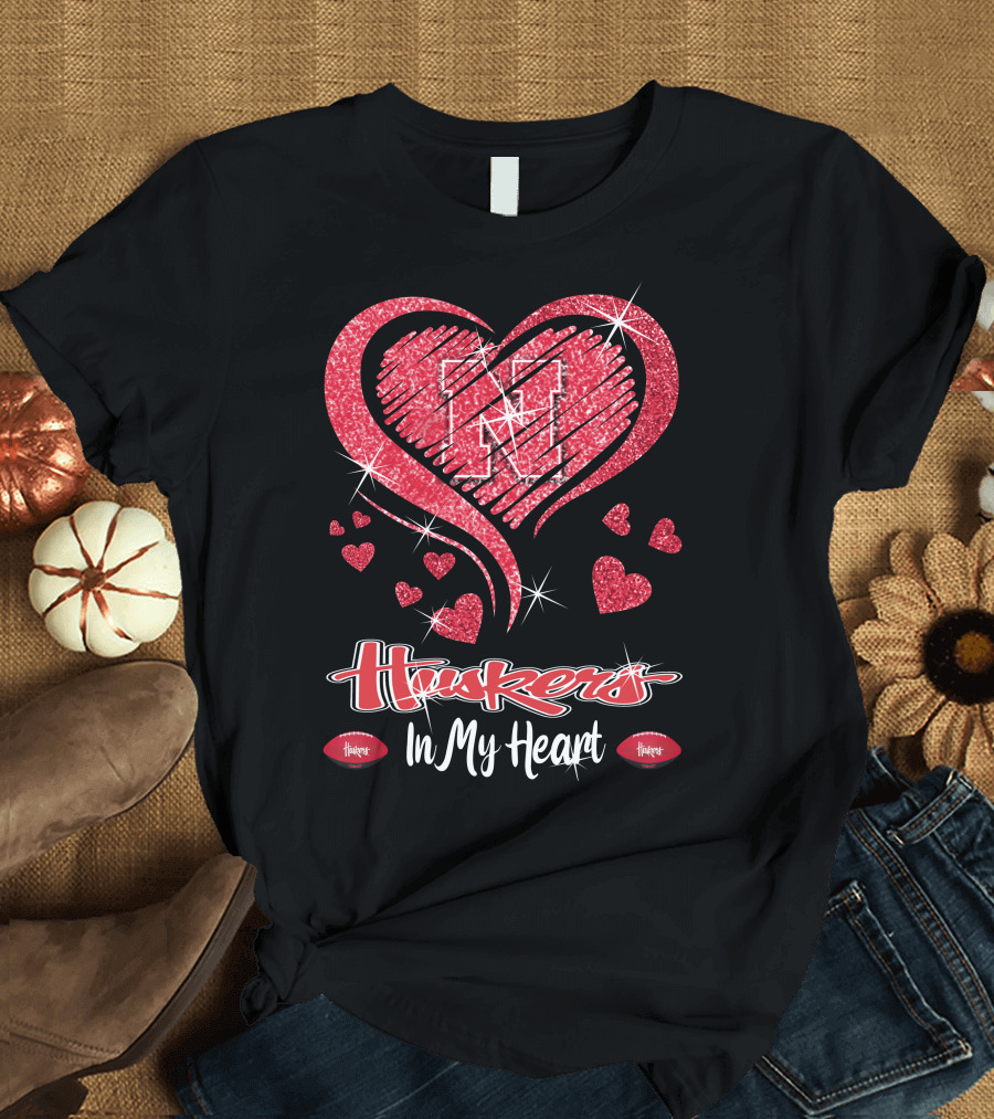 Huskers In My Heart Nebraska Cornhuskers Football Hearts T-Shirt