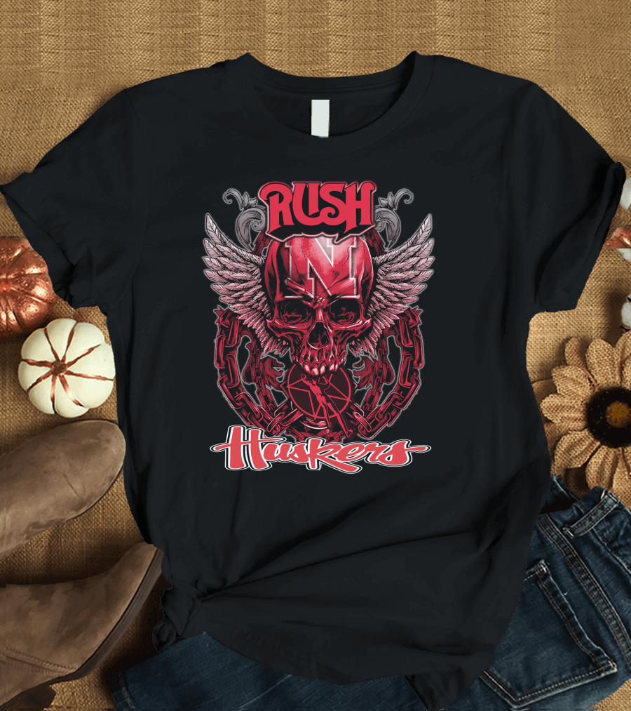 RUSH Nebraska Huskers Winged Skull Chain T-Shirt