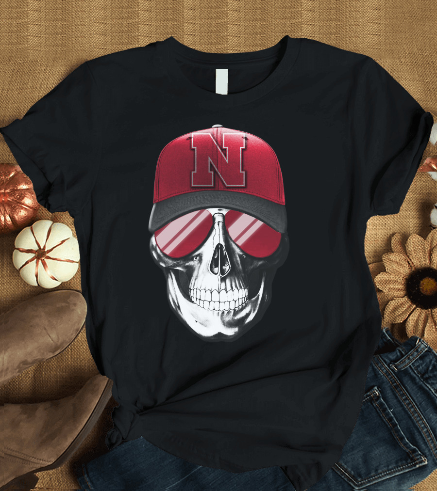 Skull Wearing Nebraska Cornhuskers Red N Cap with Sunglasses T-Shirt