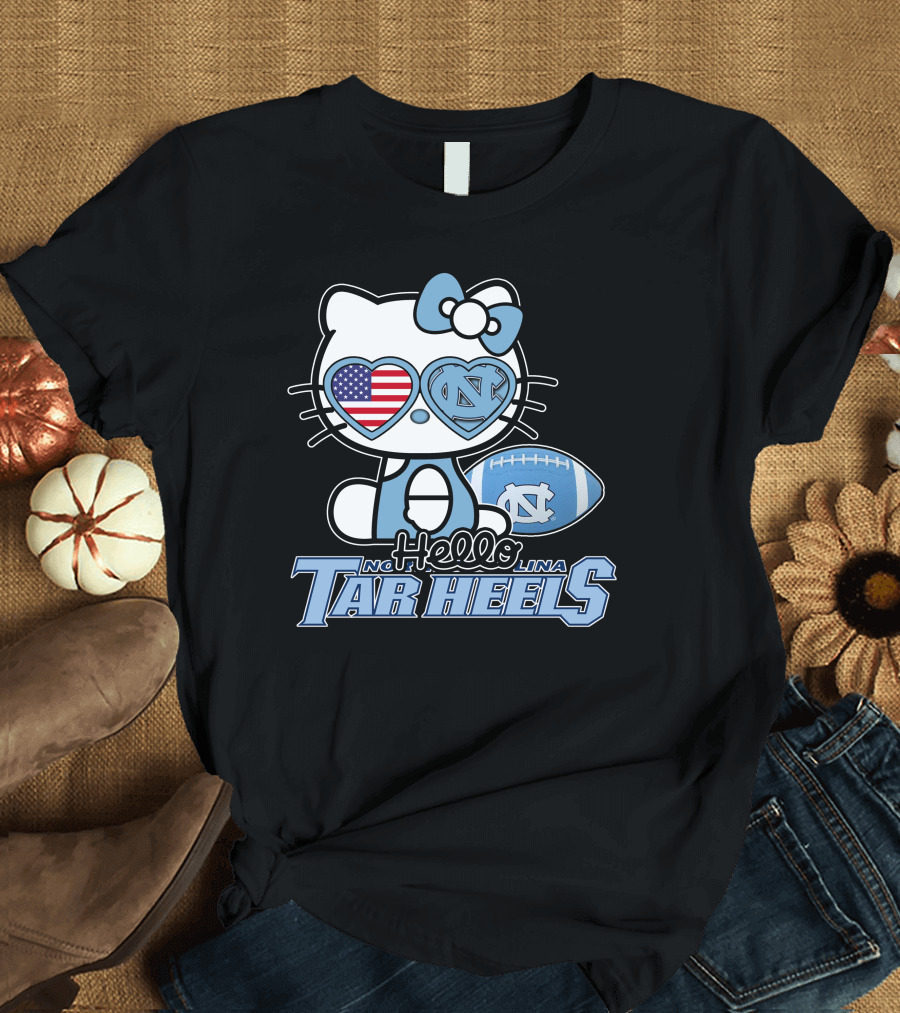 Hello Kitty North Carolina Tar Heels Football American Flag Heart T-Shirt