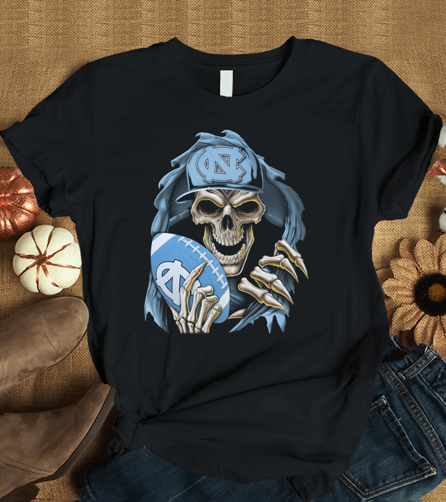 Skullbong North Carolina Tar Heels Skeleton Football Fan with Cap and Ball T-Shirt
