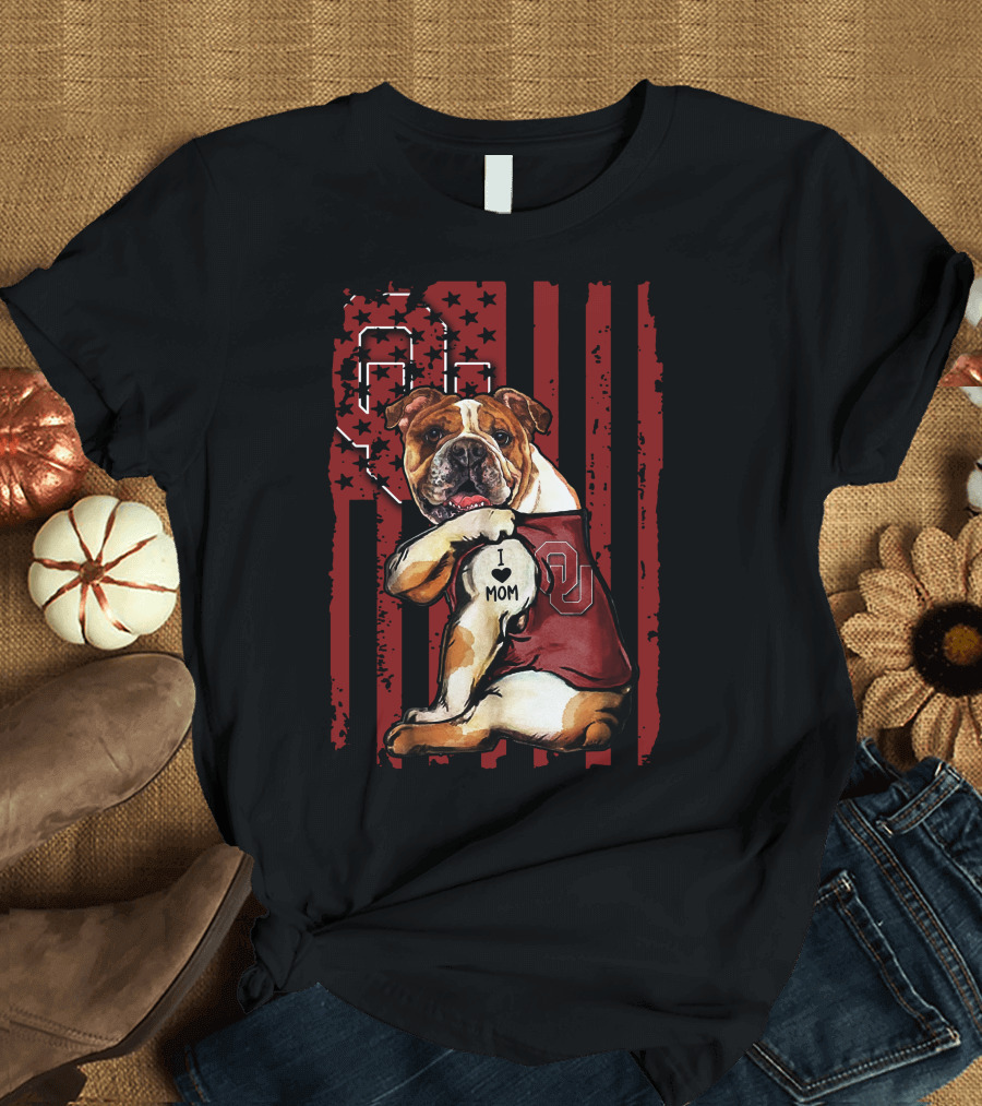 Bulldog with Oklahoma Sooners Love for Mom in American Flag T-Shirt