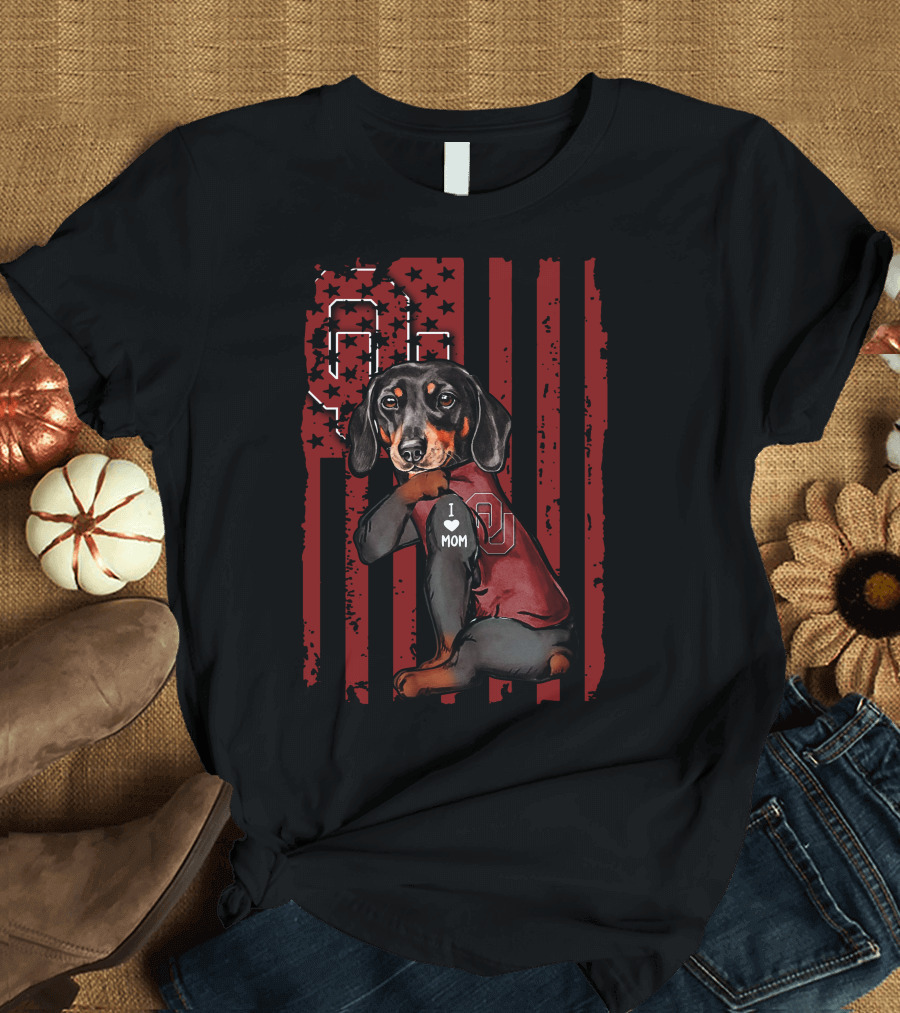 Dachshund OU Sooners I Love Mom American Flag T-Shirt