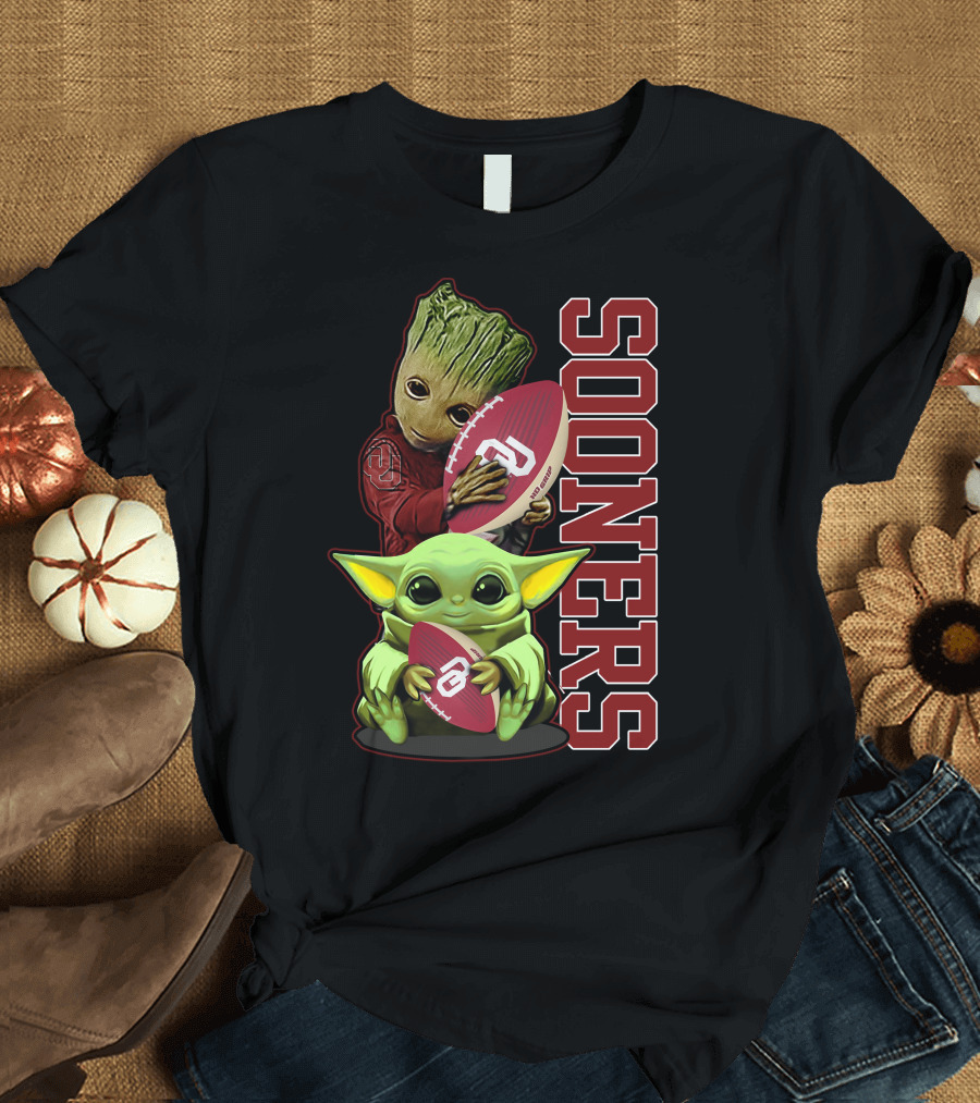 Groot and Baby Yoda Oklahoma Sooners Football T-Shirt