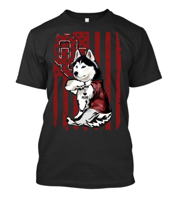 Siberian Husky Oklahoma Sooners Mom With American Flag And OU T-Shirt