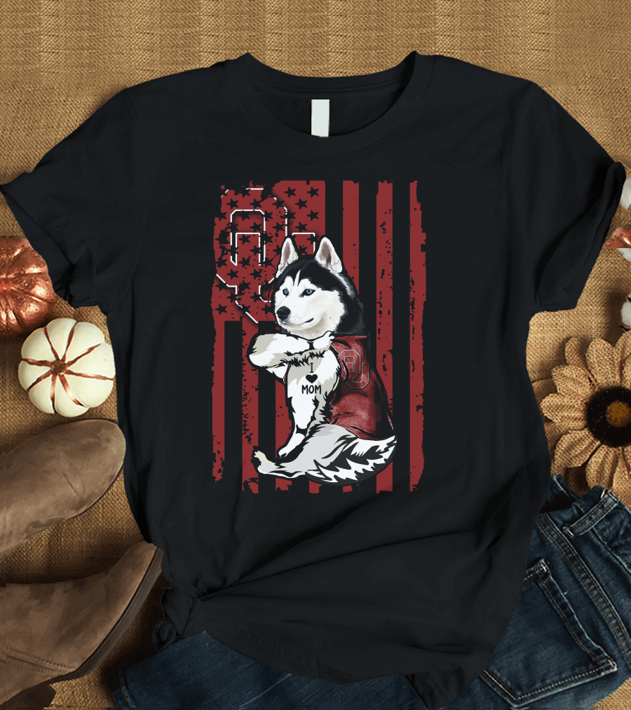 Siberian Husky Oklahoma Sooners Mom With American Flag And OU T-Shirt